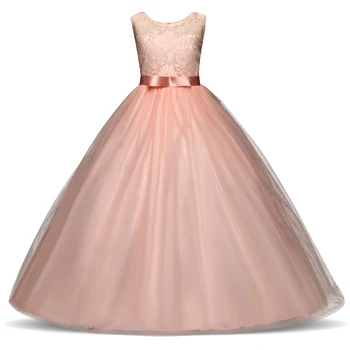 

Kids Long Prom Dresses for Girls Lace Party Formal Gowns Classic Children Dress Bow in Sash Tulle Teen Clothing Elegant Dress