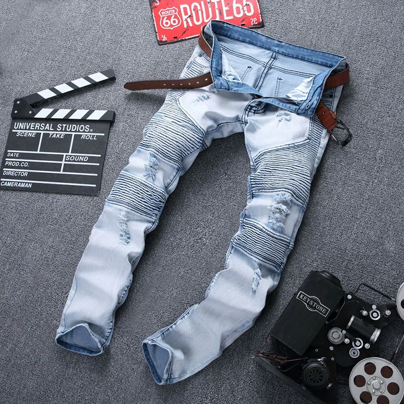 Fashion Men Skinny Jean Pants Slim Homme Washed Ripped Mens Hip Hop Pants Jeans Black Blue Men's Denim Biker Jeans