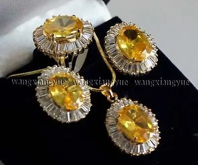 

14K GP Inlay South America Topaz Earrings/Ring/Necklace Pendant Set AAA>>18K gold plated watch wholesale Quartz stone CZ crystal