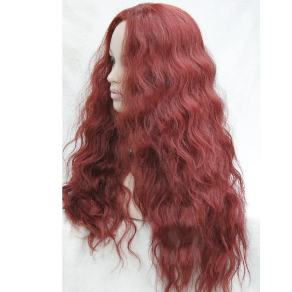 HHG-9211 350E High Quality Heat Resistant Dark Red Wavy Lace Front Long Wig (3)