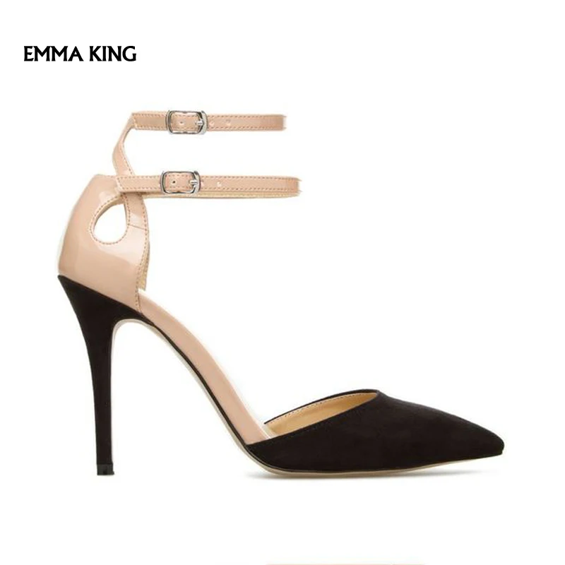

Elegant black and nude pumps Pointed Toe Ankle Belt Buckle Stiletto High Heels Sexy Summer Sandals Women Party Dress Shoes Woman