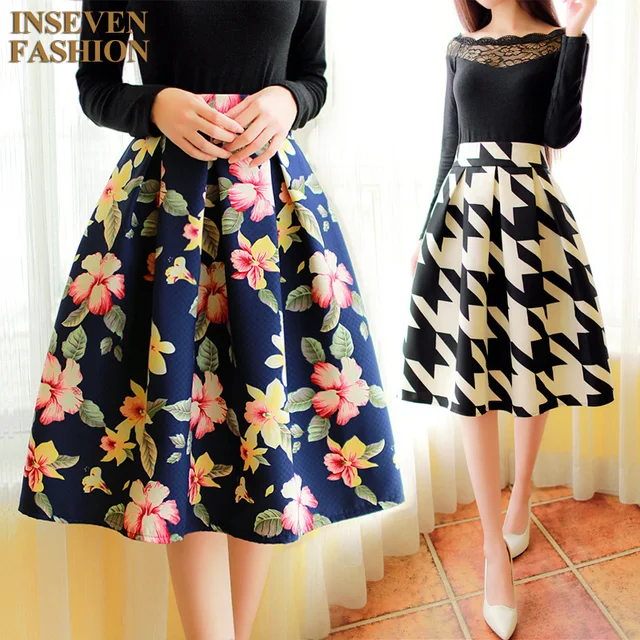 2016 Spring New Floral Print Midi Skirt Women Vintage Fashion Ladies High Waist Knee Length 2016 Spring New Floral Print Midi Skirt Women Vintage Fashion Ladies High Waist Knee Length