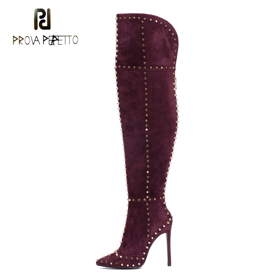 

Prova Perfetto sexy ladies pointed toe stiletto high heel over the knee boots rivets embellish back zipper women thigh high boot