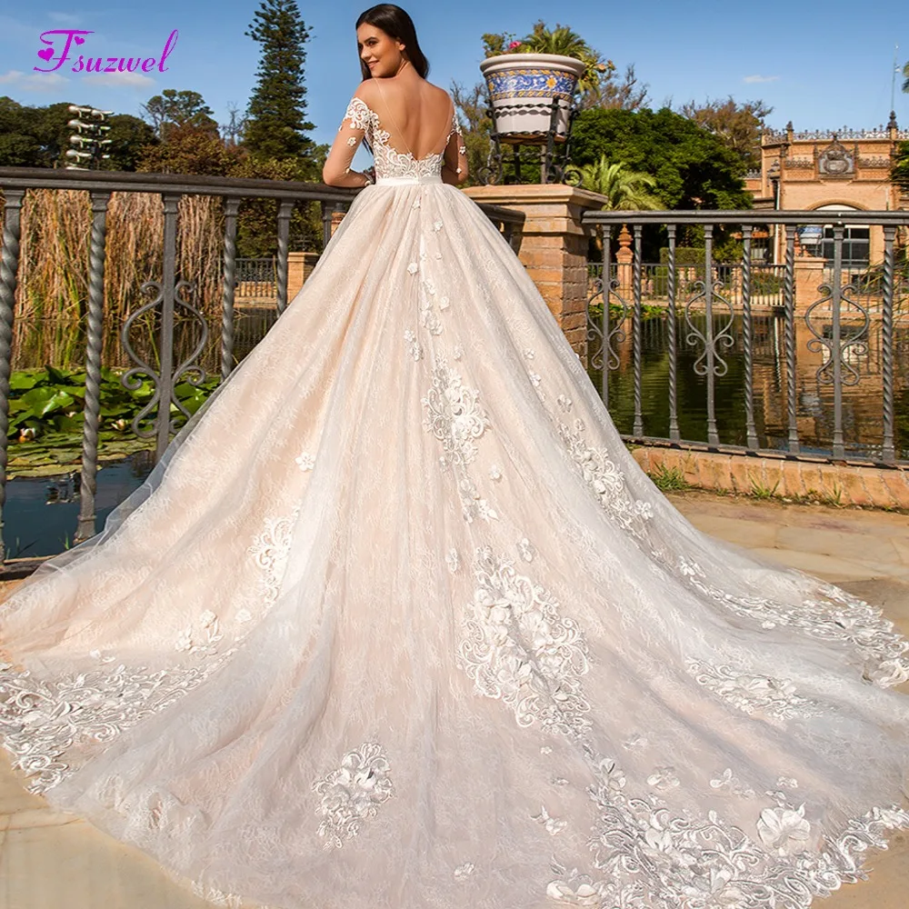 Fsuzwel элегантное Глубокий круглый вырез, открытая спина А-силуэта свадебное платье Роскошные Аппликации Цветы Кружева платье для невесты принцессы Vestido de Noiva
