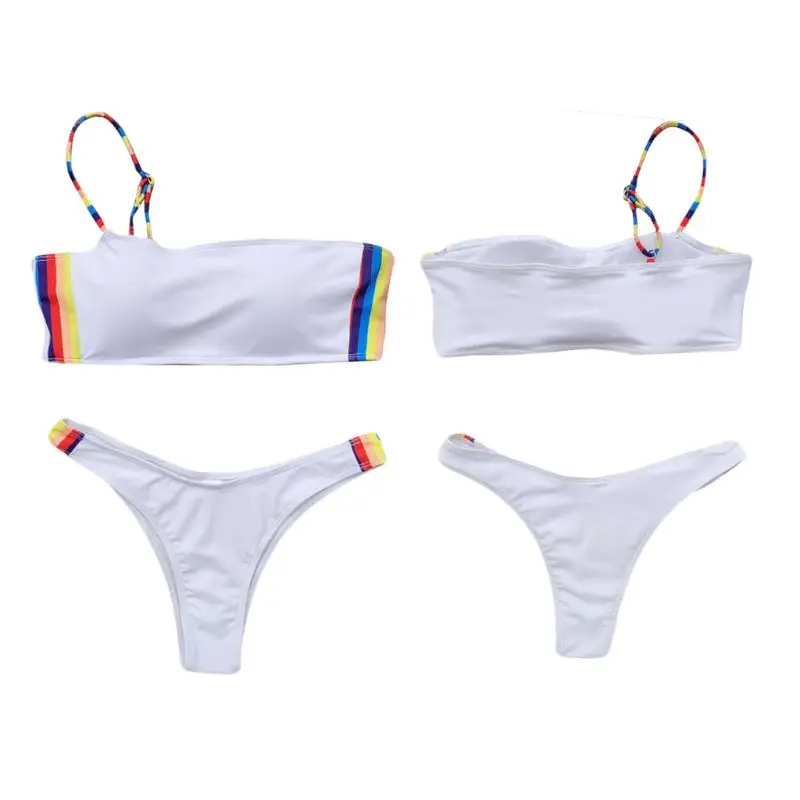 

Womens Sexy Two Piece Bikini Set One Shoulder Spaghetti Strap Bandeau Swimsuit Rainbow Colored Stripes Patchwork Triangle Bottom