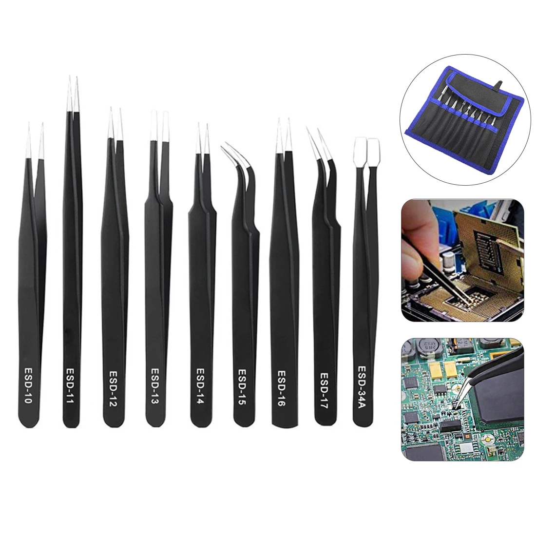 

9 piece Set Stainless Steel Precision Black Tweezers Anti-static Anti-Magnetic for Jewellery Electronic Component Soldering