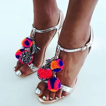 

Summer Fashion Silver Leather Straps Women Open Toe Sandals Mixed Colors Pom Pom High Heels Ladies Sexy Party Stiletto Size 41