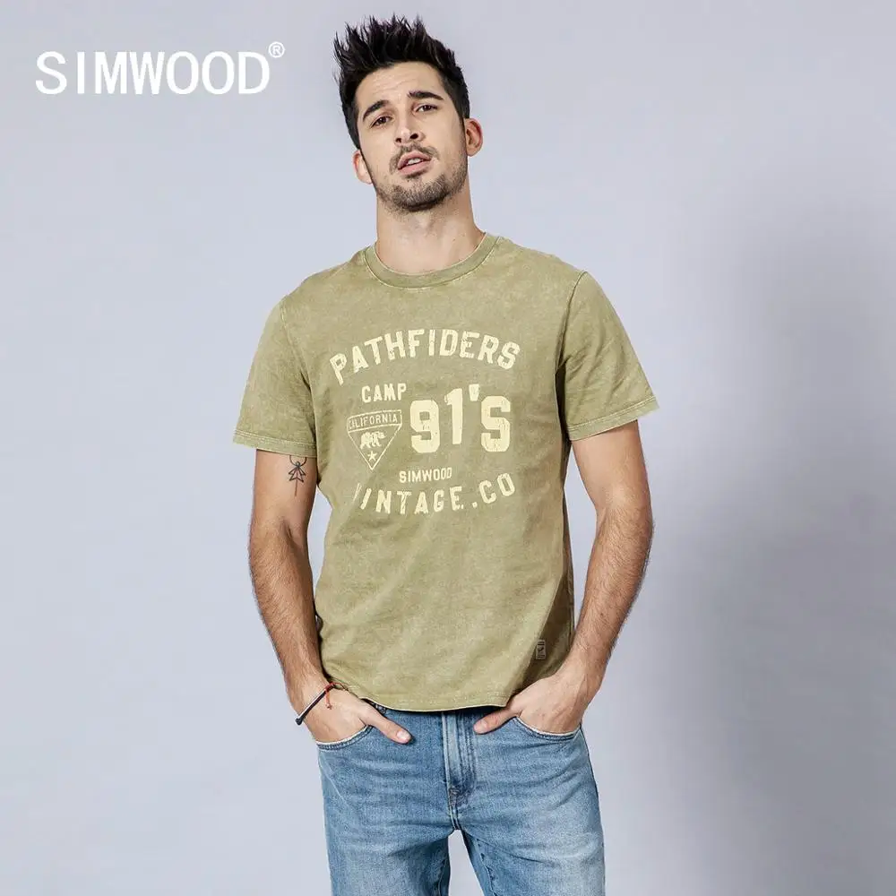 

SIMWOOD 2019 t shirt men fashion snow wash vintage letter print tops fashion hip hop t-shirt 100% cotton summer new tees 190234