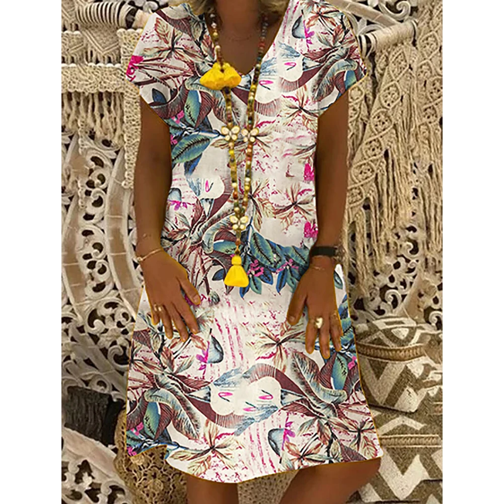 Женское цветочное печатное платье с коротким рукавом и v-образным вырезом, Дамское Повседневное платье с подолом, багги, кафтан размера плюс