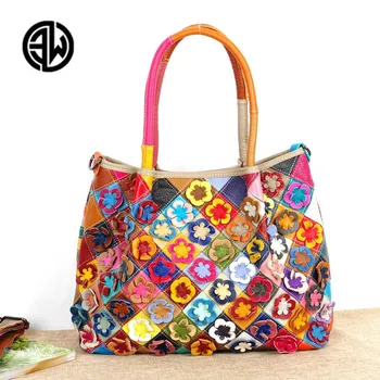 

New Fashion OL Commuter Colorful Genuine cow leather Shoulder Bags Floral Handbag 2020 Luxury Large Tote Satchel Designer Brand