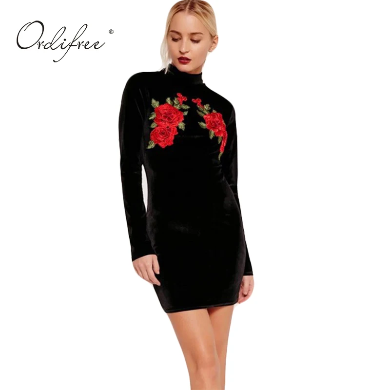 Online Get Red Flowers Embroidery Aliexpress Alibaba Ordifree 2017 Winter Vintage Evening Party Y Bodycon Short Dress Turtleneck Long Sleeve Black Red Flower Embroidery