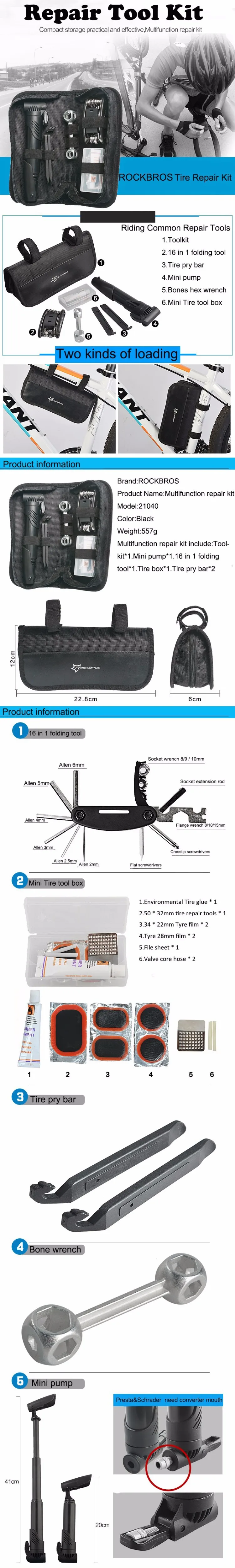 20ROCKBROS Multi-function Bicycle Repair Tool MT Road Bike Rack Portable Tool Bag Cycling Repair Kit Set Hex Wrench Pump Tool Box