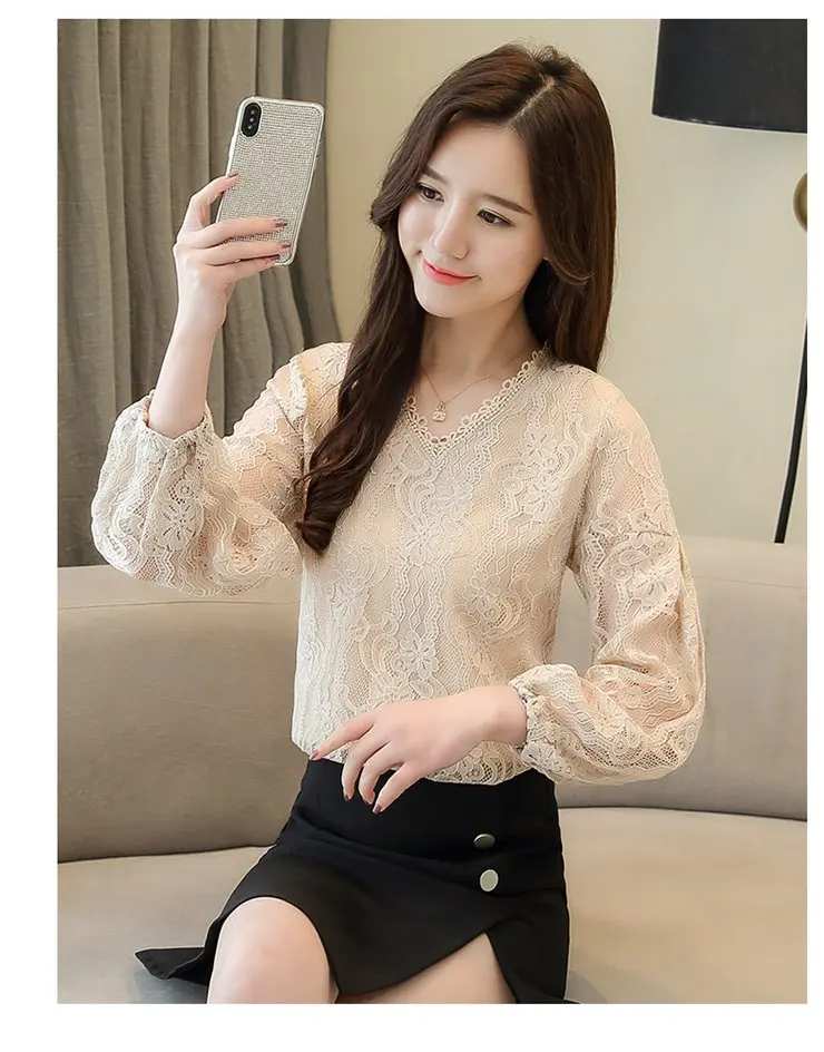 Women's Large Size Blouse Green Lace Tops Fashion Long Sleeve Blusas Mujer 2019 Moda Autumn Elegant Dentelle Shirts Female (11)