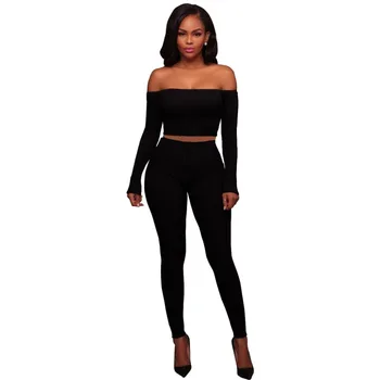 

Cotton Rib Solid Women Set Casual Long Sleeve Off Shoulder Slash Neck Crop Top With Pants Two Piece Set Suit Female Set Women