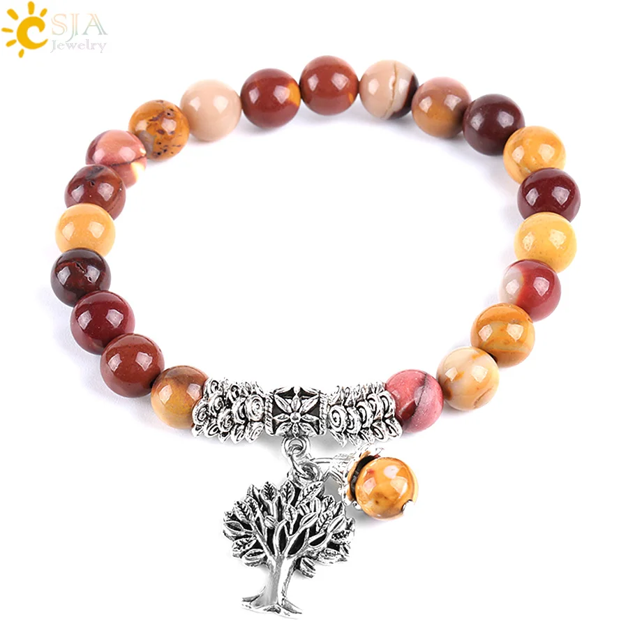 

CSJA Tree of Life Charms Bracelet Bangle for Women Natural Egg Yolk Stone Rosary Mala Beads Healing Yoga Meditation Jewelry E738