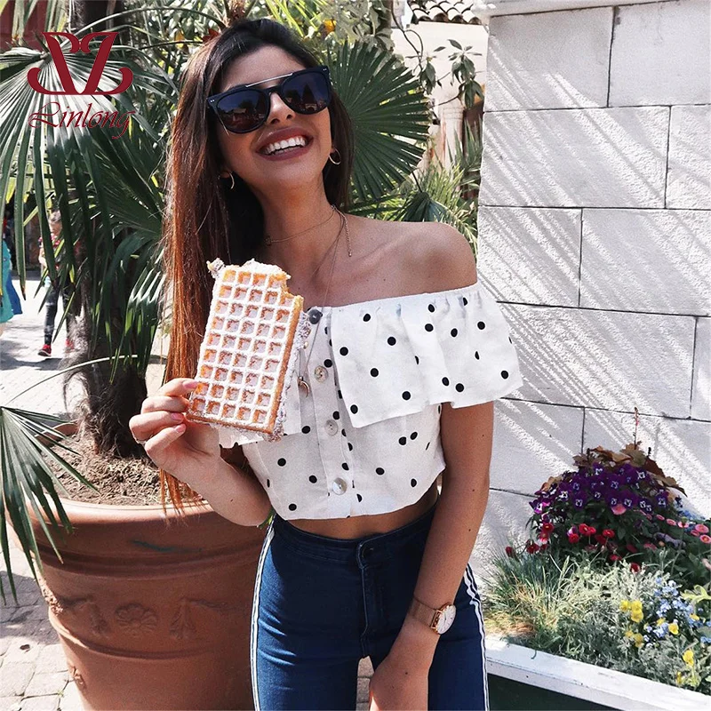Sexy Blend Crop Top 2018 summer Autumn Off Shoulder white polka dot Crochet Women Elegant Short Tank Crop Tops Bustier B046 Tops