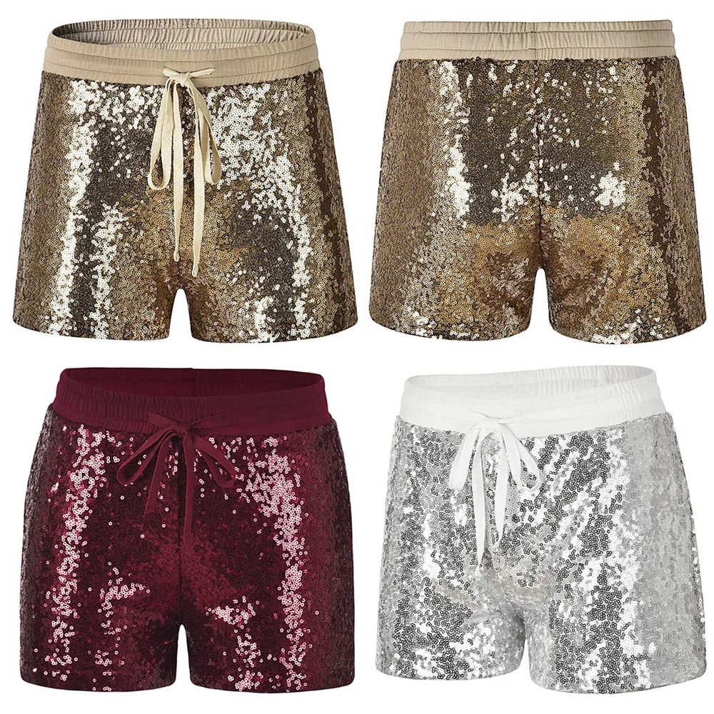 

Women Glitter Sequin Shorts Drawstring Elastic Waist Casual Stylish Short Pants WOMYH0027