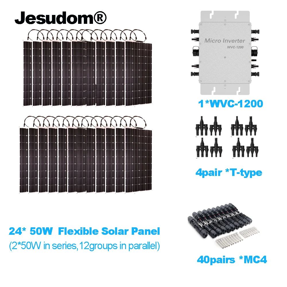 

Flexible Monocrystalline Solar Panel 24*50W + 1200W Grid Tie Inverter +T-type + 40Pairs MC4 For RV/Boat/Home Solar power system