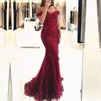 AE0916 бордовый вечернее платье prom dress Mermaid с открытыми плечами кружево, тюль, длинное Новое поступление платье для выпускного вечера; robe de soiree