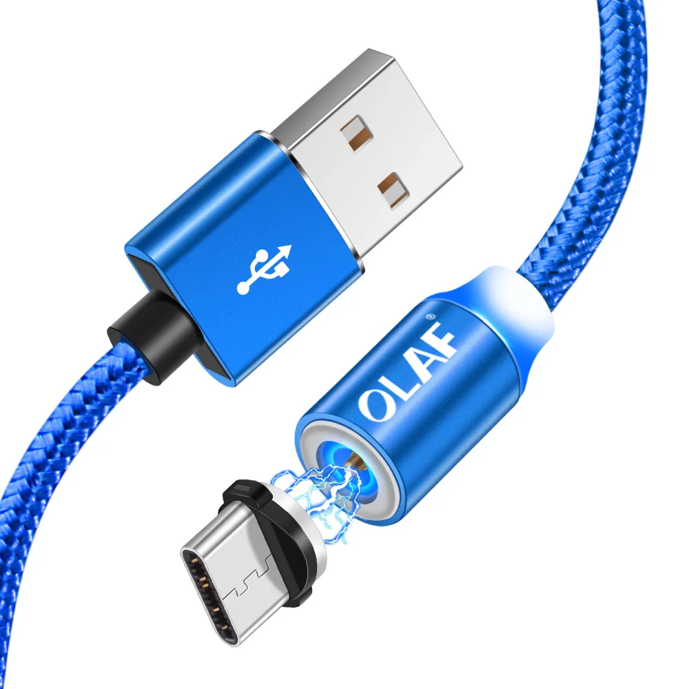 Олаф светодиодный 2 м 1 м Магнитный кабель для iPhone Micro usb type c нейлоновый Магнитный usb кабель для зарядки samsung sony Магнитный шнур для зарядного устройства - Цвет: Blue For Type c
