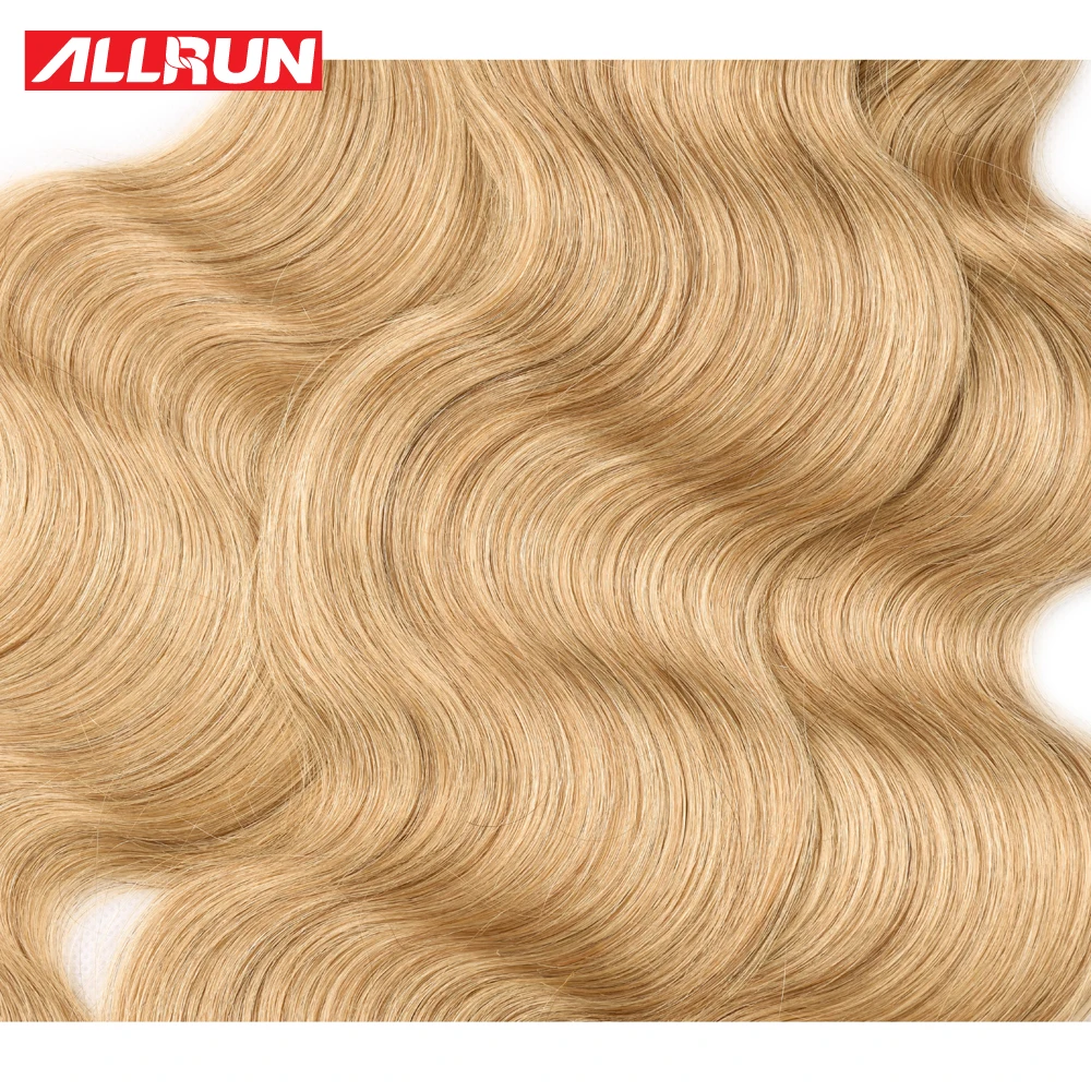 Allrun Pre-Colored Pure Golen #27 Brazilian Human Hair Bundles With Closure Body Wave Hair Bundles With Closure 4*4 Remy Weave