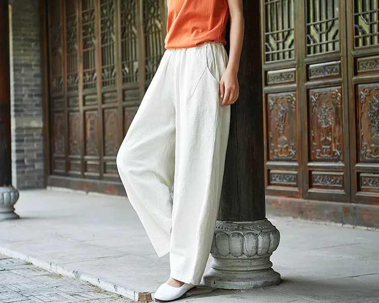 LZJN 2019 New Women Solid Color Pockets Loose Pants Vintage Elastic Waist Cotton Linen Wide Leg Full Length Pants (32)