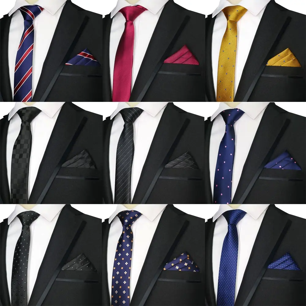 

2019 New Skinny 5CM Men's Neck Tie Set Polyester Necktie & Handkerchiefs Sets Plaid Polka Dot Slim Narrow Ties Wedding Party