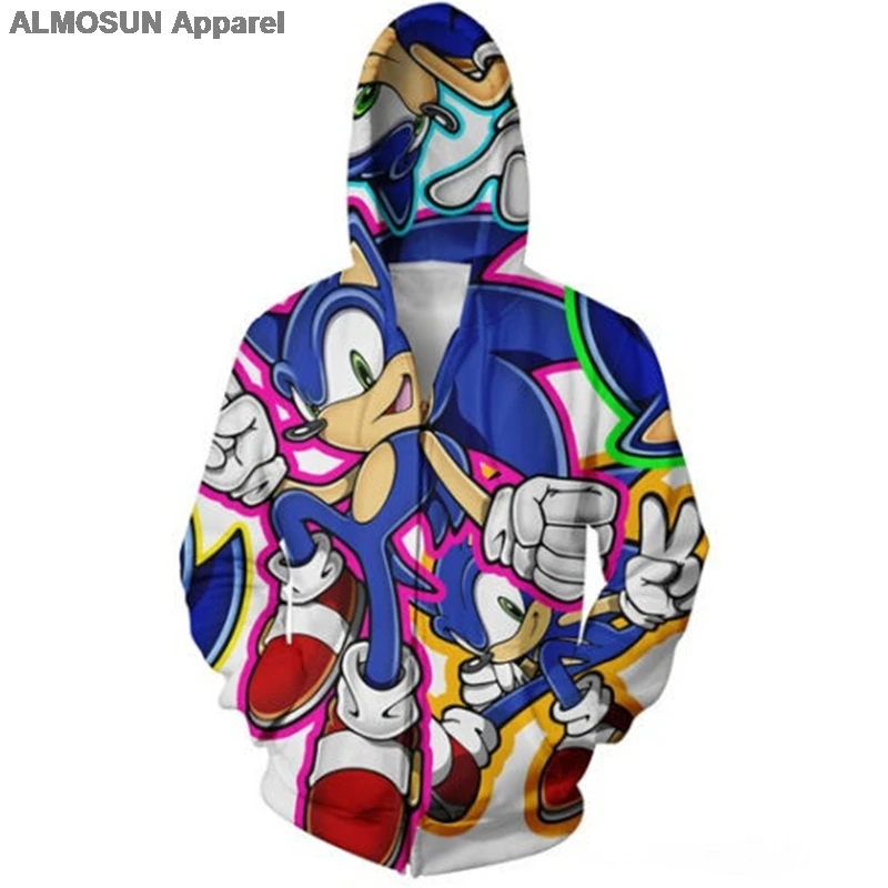 

ALMOSUN Sonic 3D All Over Printed Zippper Men Pockets Hoodies Hipster Fashion Streetwear Jumper Men Women