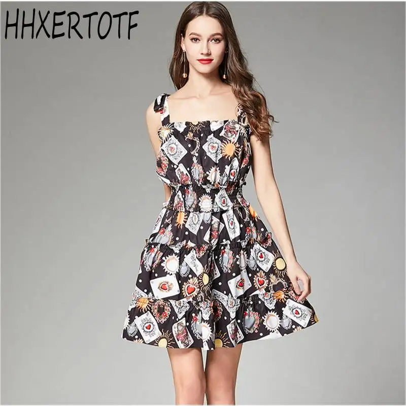 

2019 Summer Fashion Poker Print Dress Women Sexy Slash Neck Backless Bow Spaghetti Strap Sundress