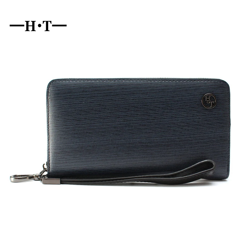 

HT Dark Blue Long Wallet Genuine Cow Leather Men Purses ID Card Holder Male Notecase Embossing Coin Purse With Strap Detachable
