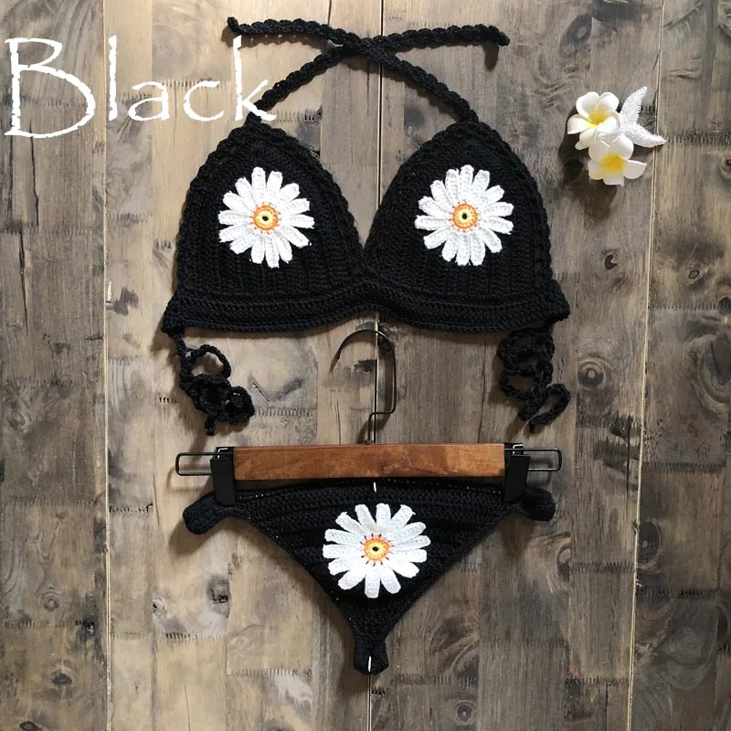 New Fashion Beach Bikini Set Knitting Swimsuit Crochet Bohemia Style Off Shoulder Bathing Handmade Sexy Bikini - Цвет: black