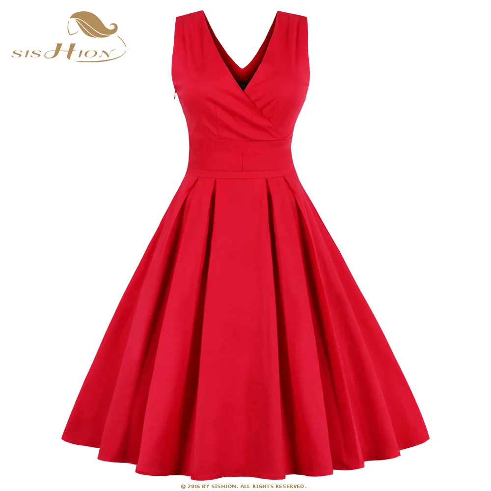 SISHION S-4XL, женское красное платье, двойной v-образный вырез, Свинг, повседневное, Ретро стиль, 1950 s, 60 s, рокабилли, платье размера плюс, туника, Vestidos VD410