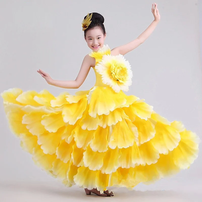 Детский танцевальный костюм для фламенко, расширенное платье, синий, красный, розовый, желтый, зеленый, 360 градусов - Цвет: yellow