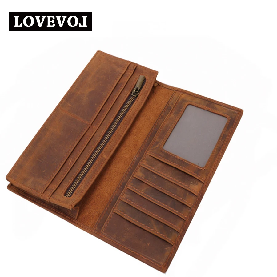 

Crazy Horse Leather Wallets Men Genuine Leather Long Design Zipper Men's Wallet Vintage Photo Bit Brand Men Wallet 002A1