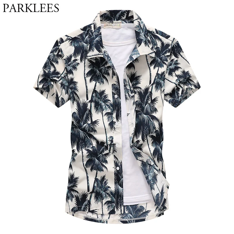 FEDULK Mens Summer Hawaii T-Shirt Turndown Collar Short Sleeve Leaf Print Button Beach Tee Tops Blouse 