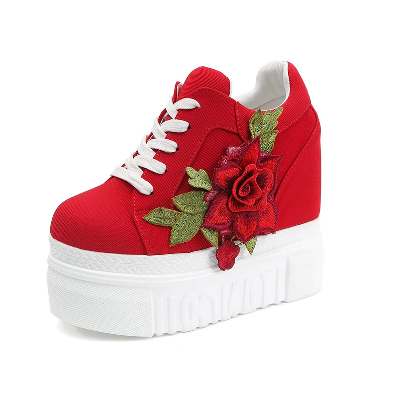 Lucyever/Новое поступление; Модные женские ботильоны с вышитыми цветами; увеличивающая рост обувь на платформе; сезон весна-осень; повседневная женская обувь - Цвет: Красный