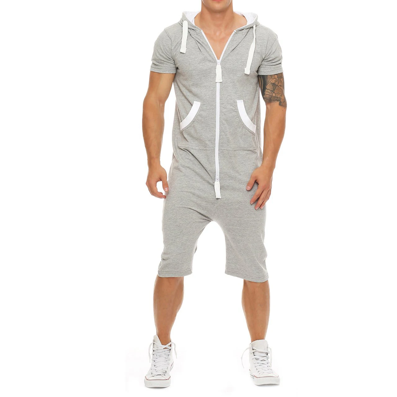 Oeak летние мужские комбинезоны в стиле пэчворк, мужская спортивная одежда, повседневный спортивный костюм с капюшоном и карманами, короткие комбинезоны, Pantalon Hombre - Цвет: Серый