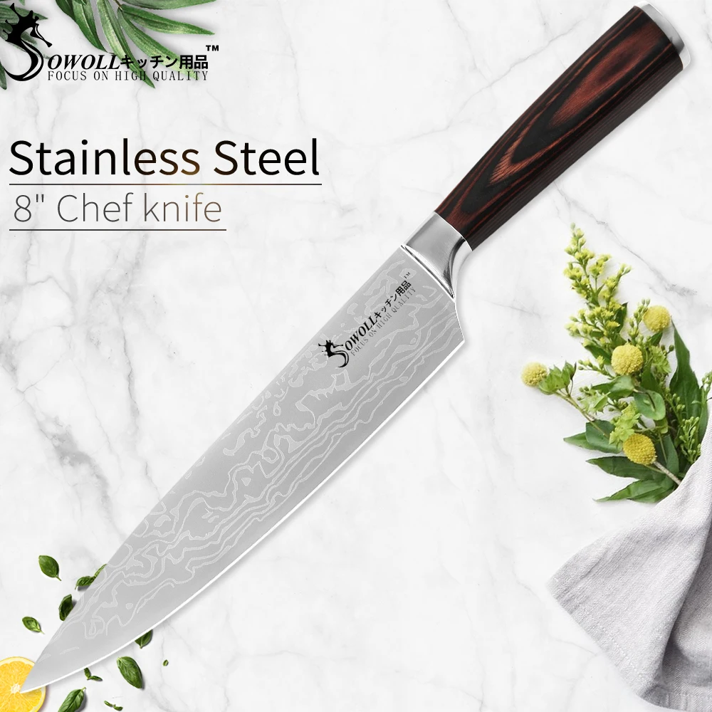 

Sowoll Damascus Pattern Stainless Steel Kitchen Knives Color Wood Handle Chef Slicing Santoku Utility Paring Knife Cooking Tools