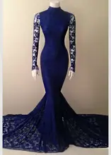 Vintage Lange Hülsen-spitze Abendkleid Marineblau Kleid Spitze Lange Meerjungfrau Kleider 2016 Hohe-Neck Kleid Partyabend elegante