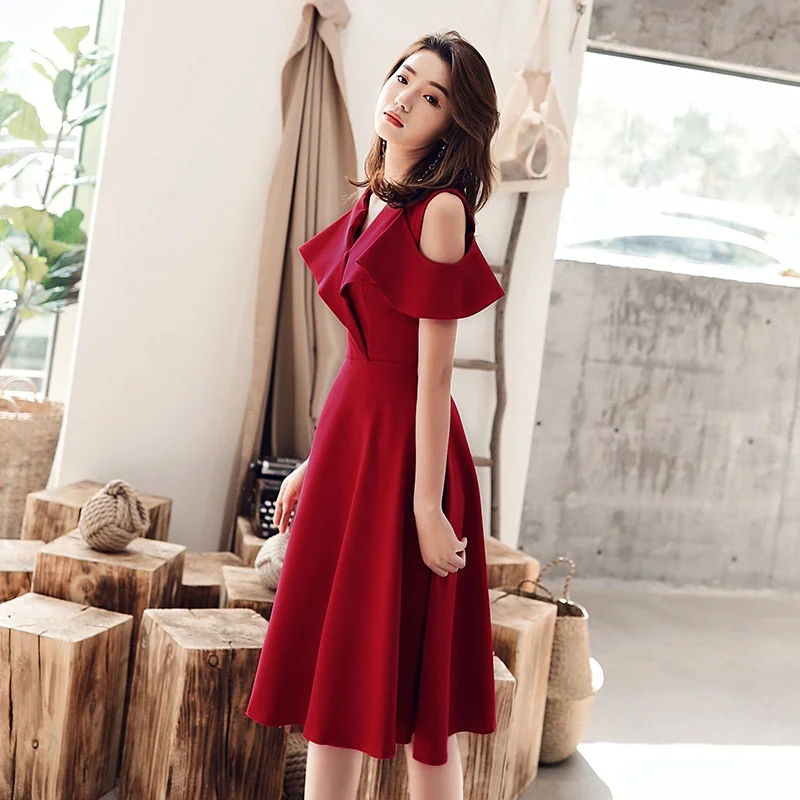 Свадебное платье миди длинное платье Fiesta A Line Плиссированное Vestido банкетное простое вино красные платья подружки невесты TS1637