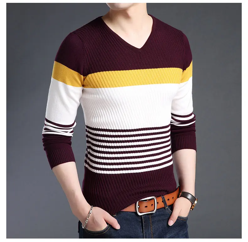 COODRONY свитера, толстый теплый пуловер для мужчин, повседневный полосатый свитер с v-образным вырезом, мужская одежда, Осень-зима, Вязанная одежда для мужчин, 8162