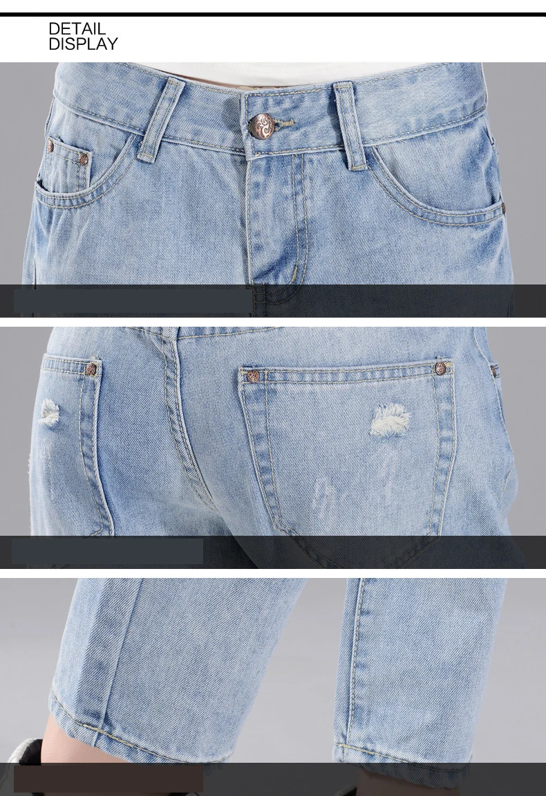 Для женщин шаровары сезон: весна–лето джинсовые узкие брюки со средней талией, Искусственно состаренная, с дырками, линия патч печати для леди на лодыжке Длина джинсы