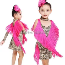 Новое поступление, ярко-розовый, красный Леопардовый Костюм с бахромой для латинских танцев, костюмы для соревнований, Леопардовый костюм для девочек, костюмы для латинских танцев для детей