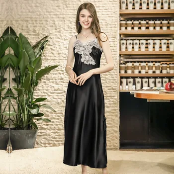 

ZOOLIM 2018 Long Nightgown Spaghetti Strap Women Autumn Embroidery Lace Sleepshirt Silk Satin Nightdress Sleepwear