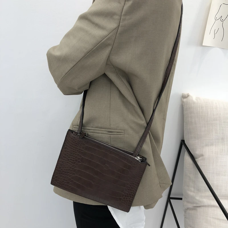 

Youda Korean Women's Bag Crocodile Pattern Shoulder Diagonal Package Double Zipper Envelope Bags Simple Personality Handbag
