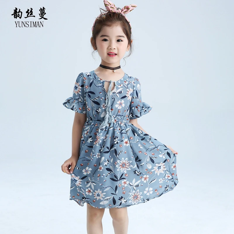 

2019 Summer Vintage Dresses for Girls 4 6 8 10 to 12 Years Flare Sleeve Print Princess Costume Children Kids Chiffon Dress 61C2B