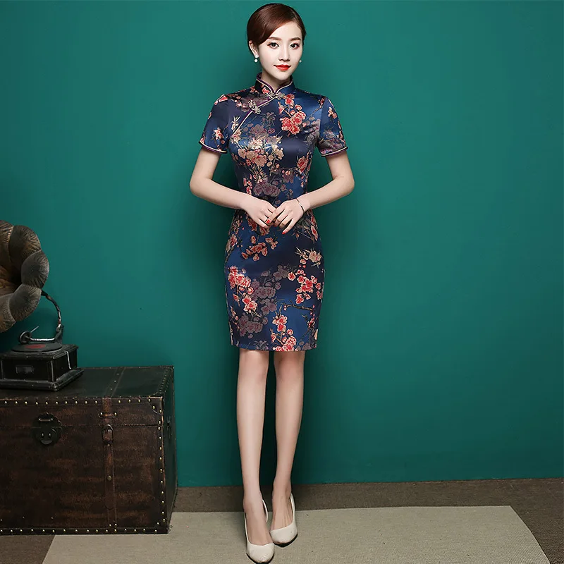 

Slim Mini Qipao Summer Chinese Traditional Cheongsam Short Sleeve Rayon Qipao Dresses Elegant Floral Oriental Evening Dress