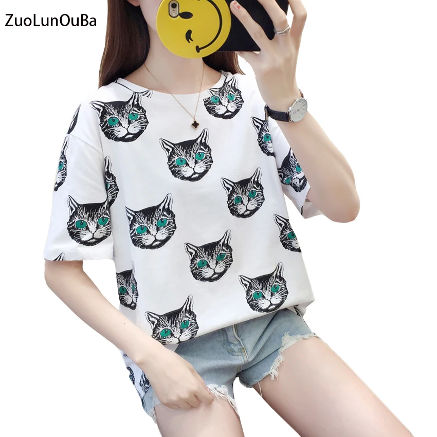 

Zuolunouba Summer Preppy Style Short-sleeved T-shirt Women Bottom Cotton Fashion Funny Cat Harajuku White Tees Tops Girl Spring