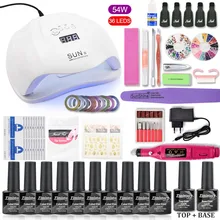 54 Вт/48 Вт/36 Вт УФ светодиодная лампа, набор для ногтей, Сушилка для ногтей, 10 цветов, набор для УФ-геля, базовый топ, набор для ногтей с маникюрным сверлом, инструменты для маникюра