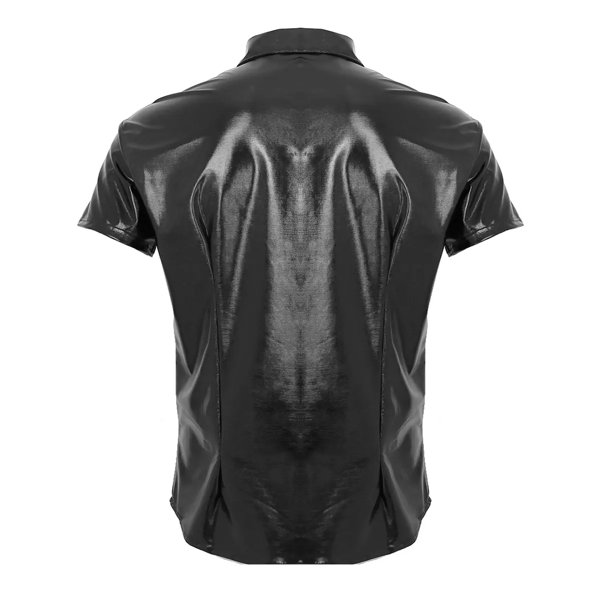 TiaoBug мужские черные лакированные кожаные Рубашки Топы с коротким рукавом нажмите кнопку Повседневная рубашка сцена для ночного клуба